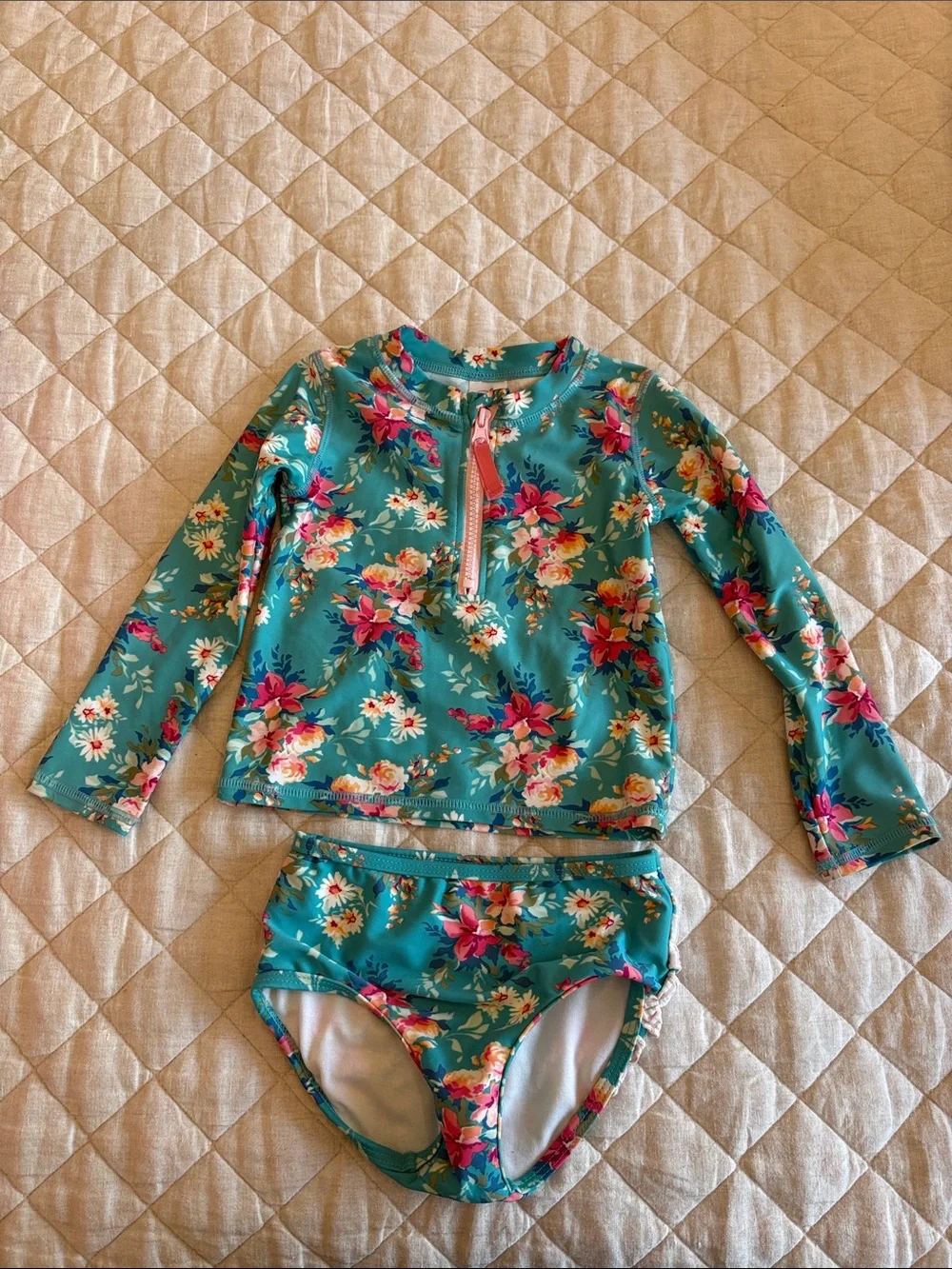 Ruffle Butts Teal Floral Long-Sleeve Rashguard Set with Pink Accents